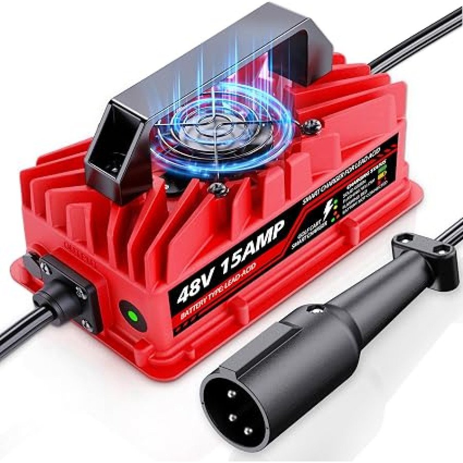 Akizbeir 48V 15A Golf Cart Battery Charger for Club Car Precedent and DS, 3-Pin Round Plug, Red — image 1