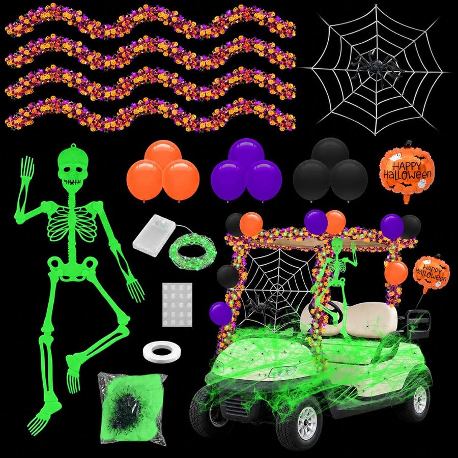 Glow-in-the-Dark Poseable Skeleton & Cobweb Golf Cart Kit — image 1