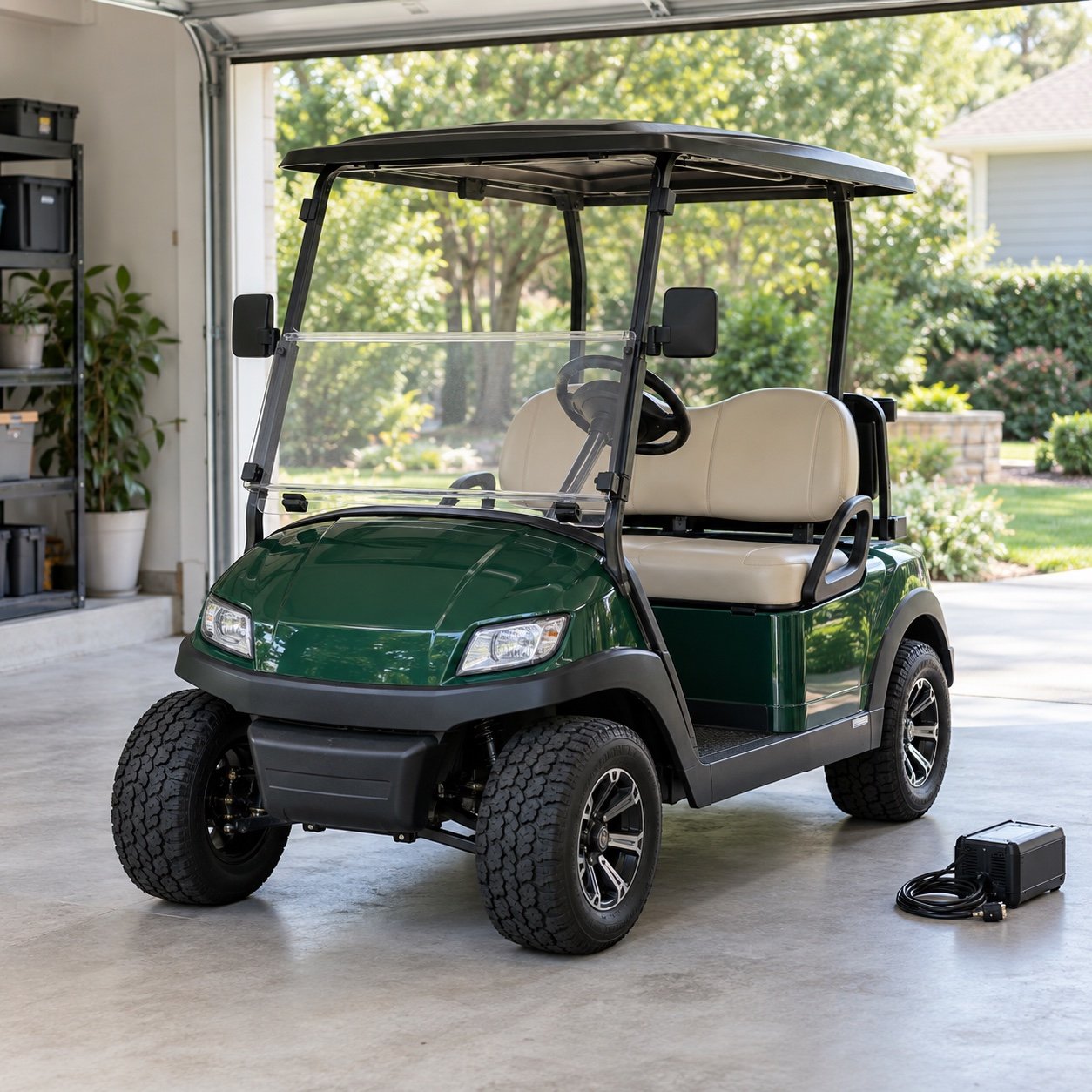 Green golf cart with a folding windshield and side mirrors in a bright garage, with a battery charger beside it