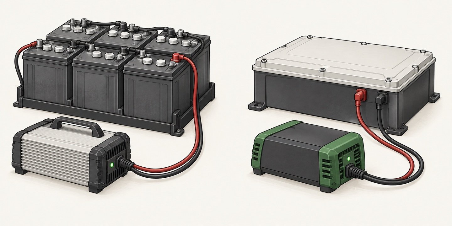Illustration of a lead-acid golf cart battery pack and a lithium battery module, each paired with a compatible charger
