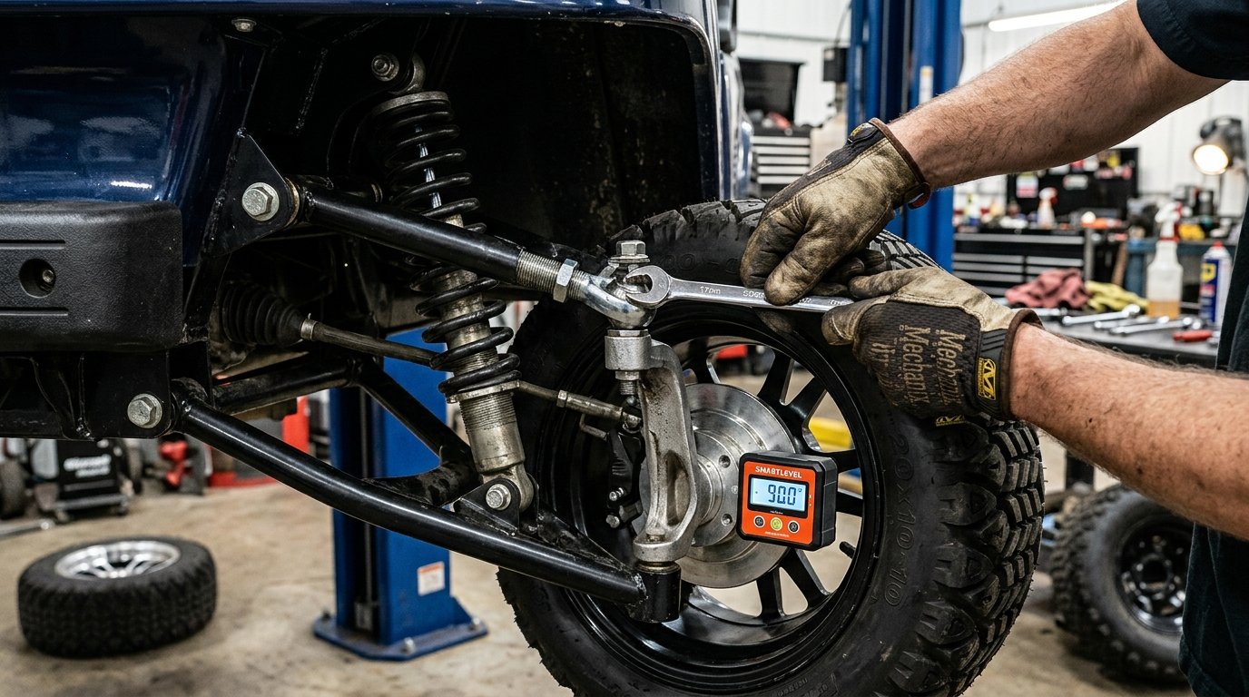 Mechanic measuring 90-degree vertical camber and adjusting a spherical Heim joint on a golf cart A-arm suspension