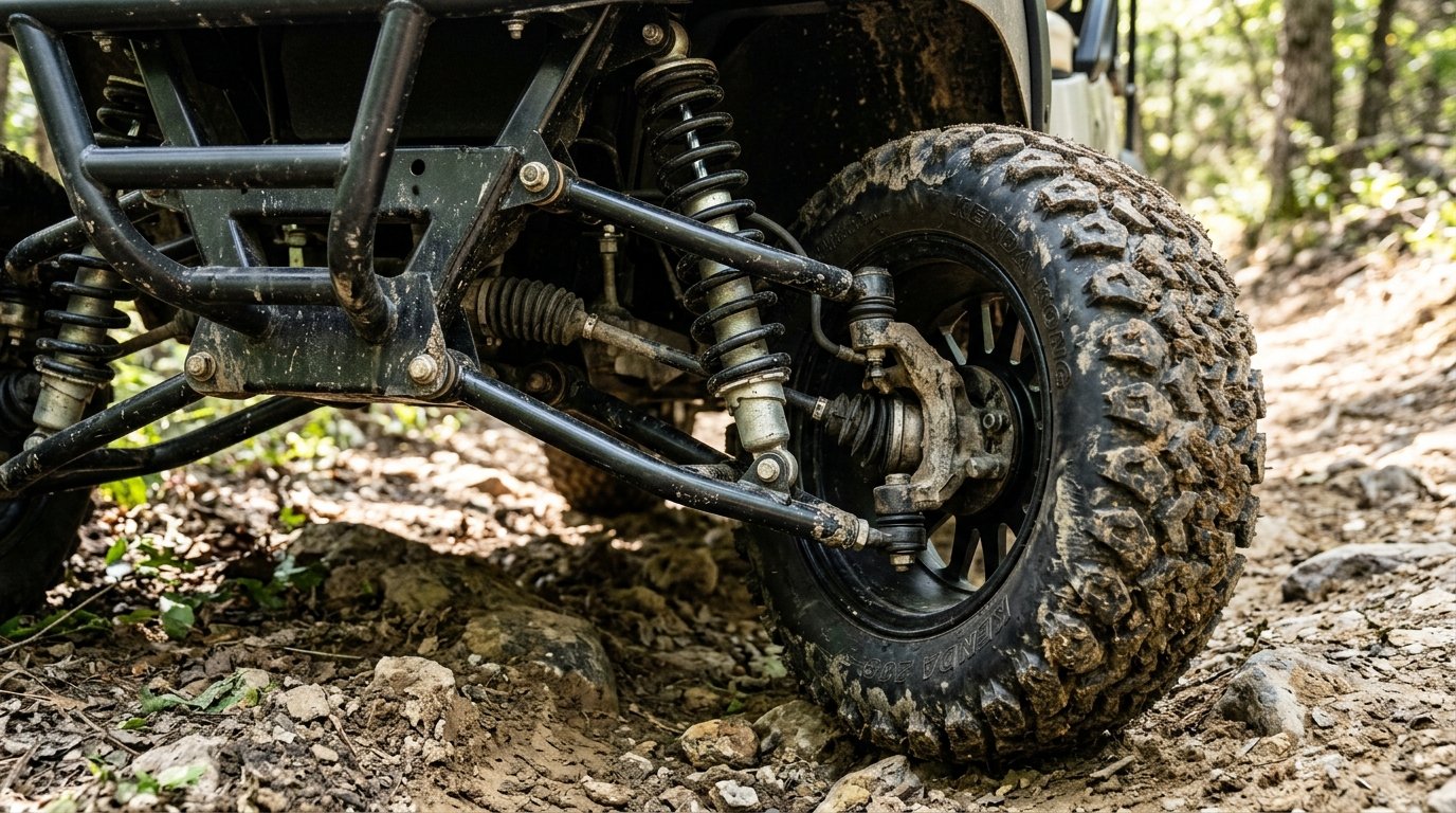 Independent double A-arm front suspension on a lifted golf cart absorbing bumps on a rough trail