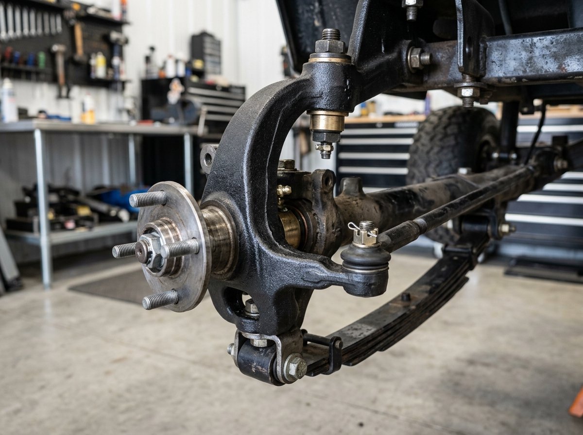 Heavy-duty drop spindle installed on a golf cart front axle showing increased ground clearance and wider stance