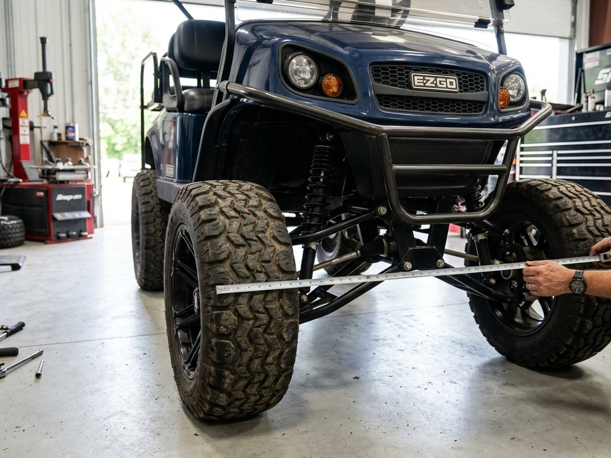 Golf cart front suspension with a spindle lift kit being aligned for proper wheel toe-in